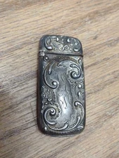 ANTIQUE STERLING MATCH SAFE CASE ORNATE REPOUSSE ROSES&SCROLLS MONOGRAM “w.h.m.”