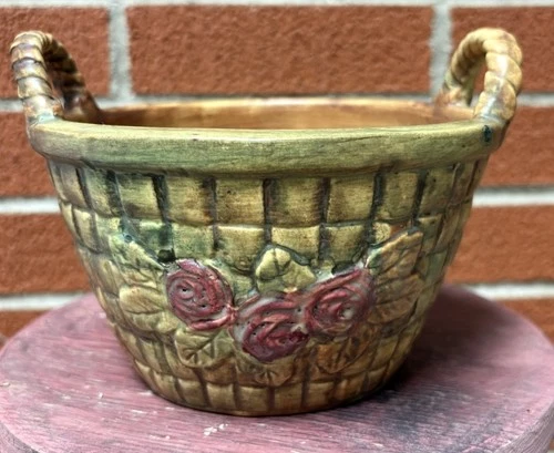 WELLER POTTERY - FLEMISH ROSE  - Basket Design PLANTER or BOWL - DOUBLE HANDLES