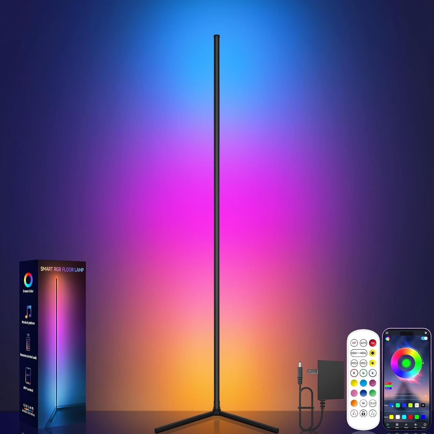 LED Floor Lamp, Smart RGB Corner Lamp, Dimmable Colour Changing Standing Lamp w
