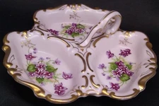 Vintage Lefton China Violets Divided Tidbit Candy Hors d'oeuvres Tray Dish 7"