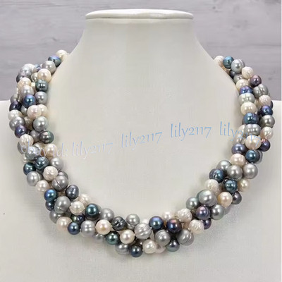 4 Strands Natural White Gray Black Freshwater Baroque Pearl Necklace 20 inch