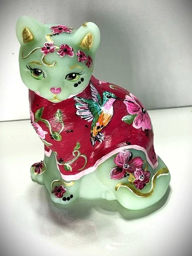 Fenton Jade GLASS  Beautiful Hummingbird Floral Design  4"  CAT  Rachelle   OOAK