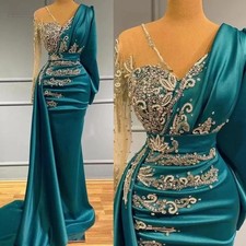Luxury Long Sleeve Mermaid Evening Dresses Sparkly Crystals Elegant Satin Dubai