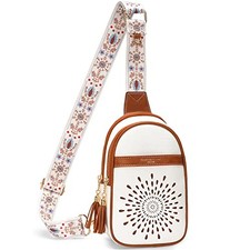 Small Sling Bag Fanny Packs Cell Phone Purse Vegan Leather 01-white-brown