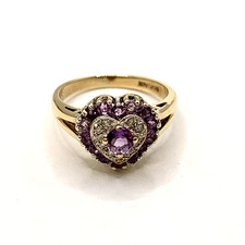Amethyst Diamond 9ct Gold Ring Heart Cluster Hallmarked 375 Yellow Gold - Size I