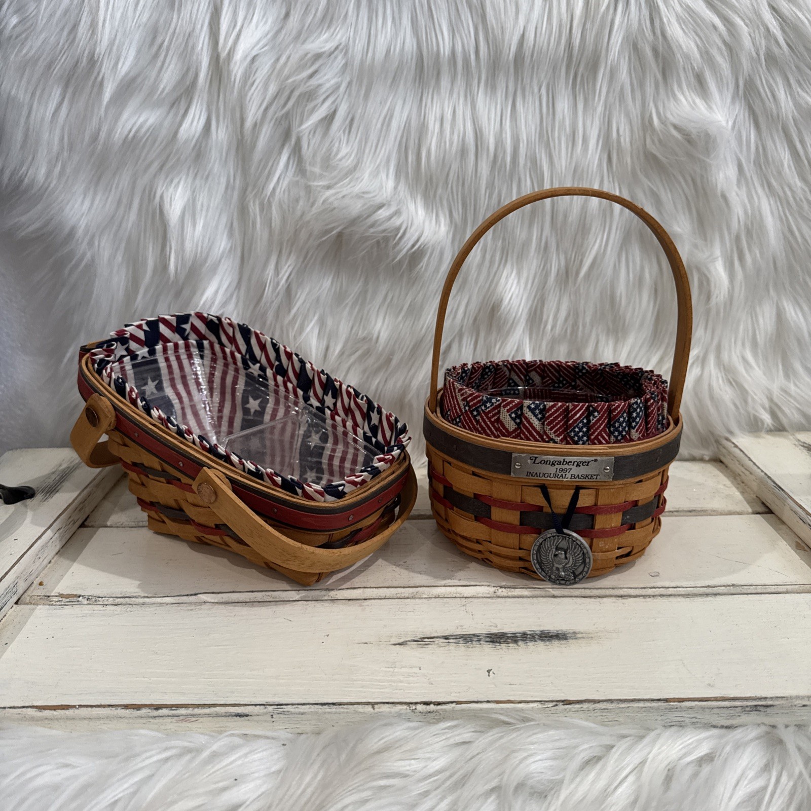 Longaberger 1997 Inaugural Basket 1996 Sleigh, Basket  Red White Blue Liners (2)