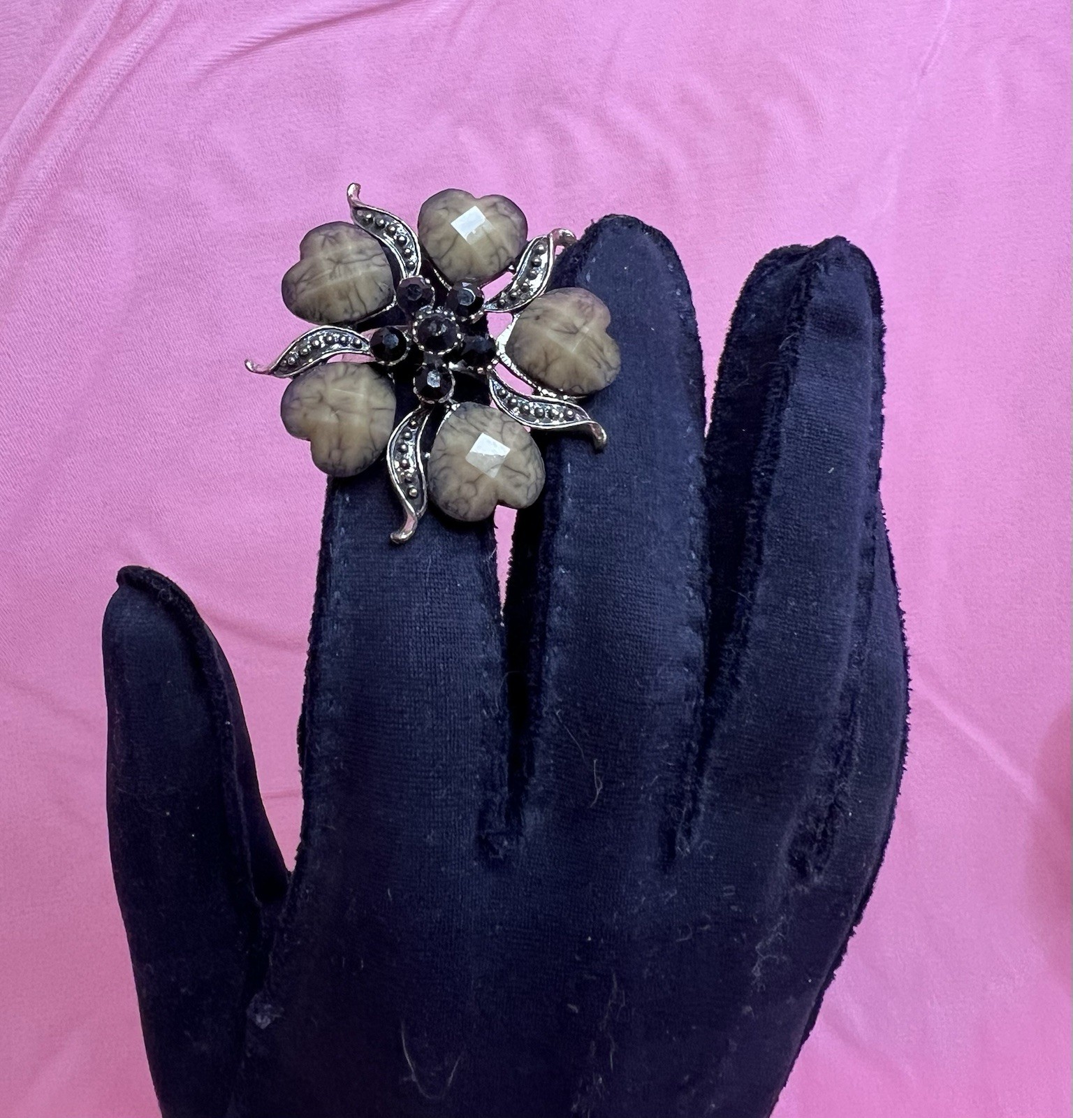 Rhinestone Flower Adjustable Ring Silver Tone Ove… - image 2