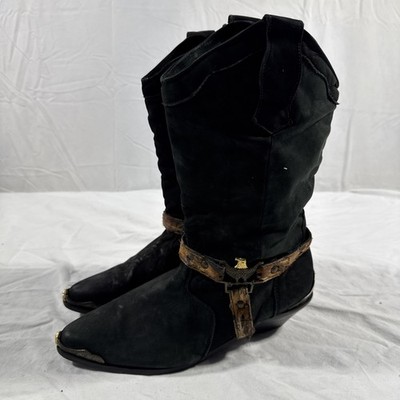 Maine Woods Black Suede Leather Cowboy Harness Buckle Boots Real Feather Women s