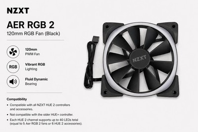 NZXT AER RGB 2 RGB Fluid Dynamic Bearing PWM 120mm Fan (Black)  | Ships from USA
