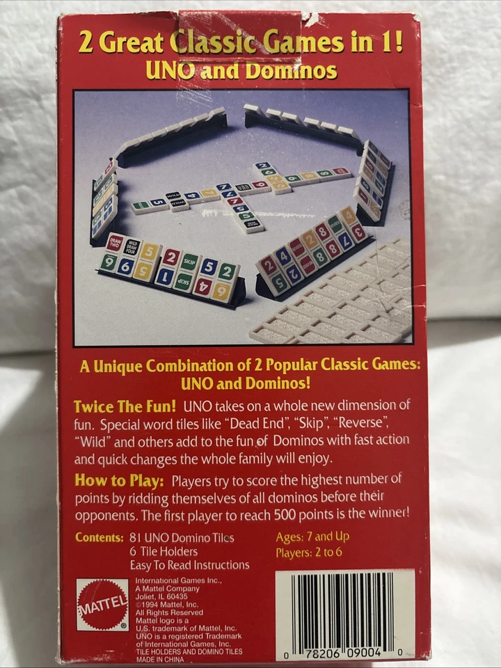 Vintage UNO Dominos Mattel 1994 Game Combination 81 Domino Tiles 2-6 Players 7+ - Image 2 of 4