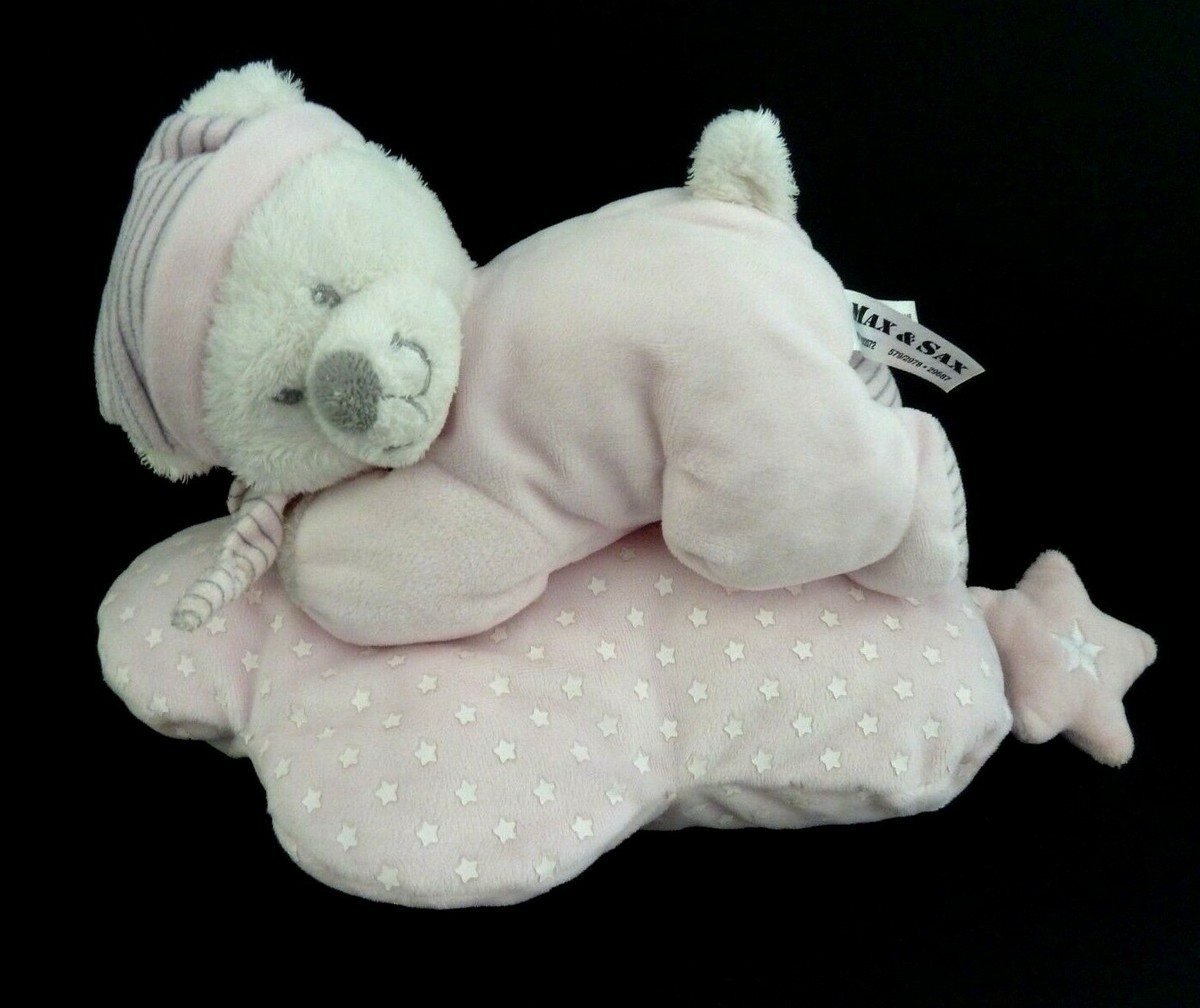 DOUDOU PELUCHE MUSICAL MAX ET SAX OURS ROSE BLANC ETOILE
