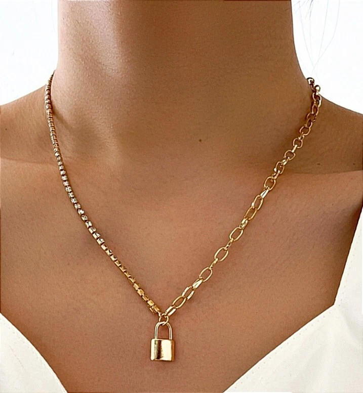 Chunky Halskette Gold Farben Zirkonia Bügel Schloss Anhänger Damen Modeschmuck - Bild 3 von 4