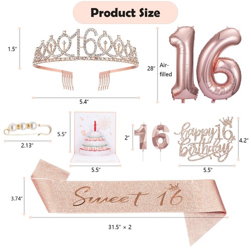 8pcs Sweet 16 Birthday Decorations for Girls, Including 16th Happy Birthday C... - 第 2/7 張圖片