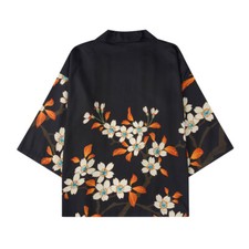 Men Flower Print Cardigan Coat Kimono Yukata Jacket 3/4 Sleeve Chinese Black