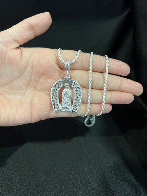 925 Sterling Silver Men Women Horseshoe Virgin Virgen Mary Rope Chain 20  24 30