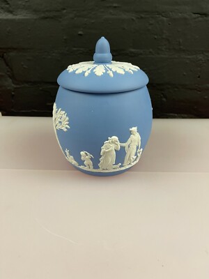 Wedgwood blau weiß Jaspis Ware Keksfass / Teedose 1959