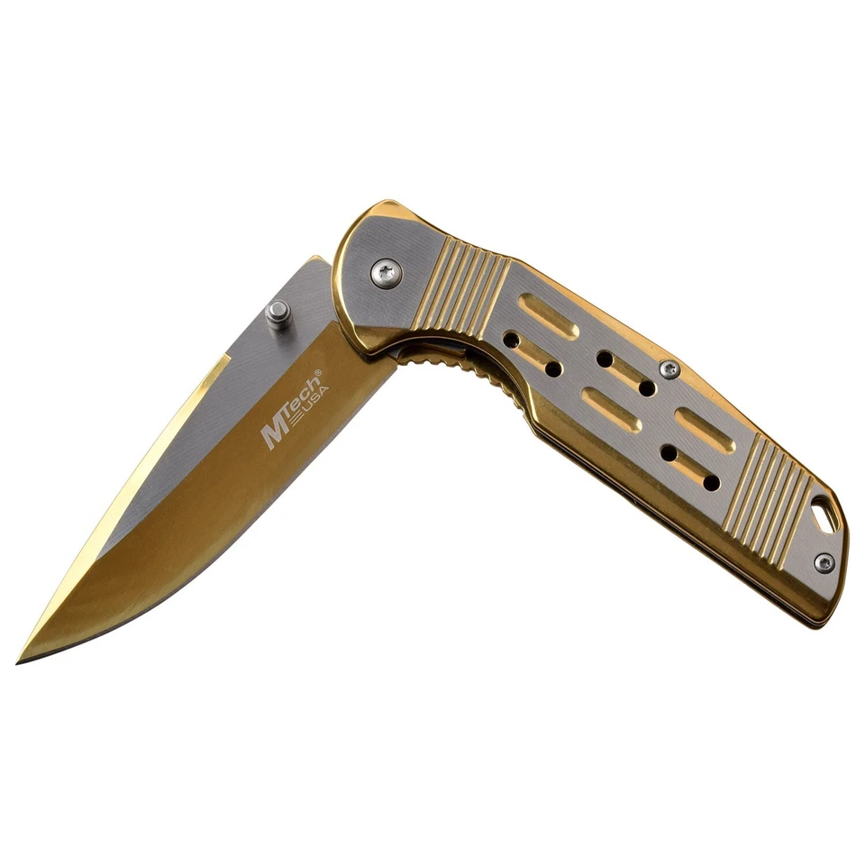 Cuchillo MTech 8" bloqueo de marco general asistido por resorte hoja dorada/satinada MT-A1019GD Foto 3 de 4