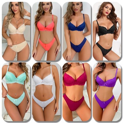 gepolsterte Damen Push Up Spitze BH Set String Tanga Dessous Unterwäsche 75A-90B