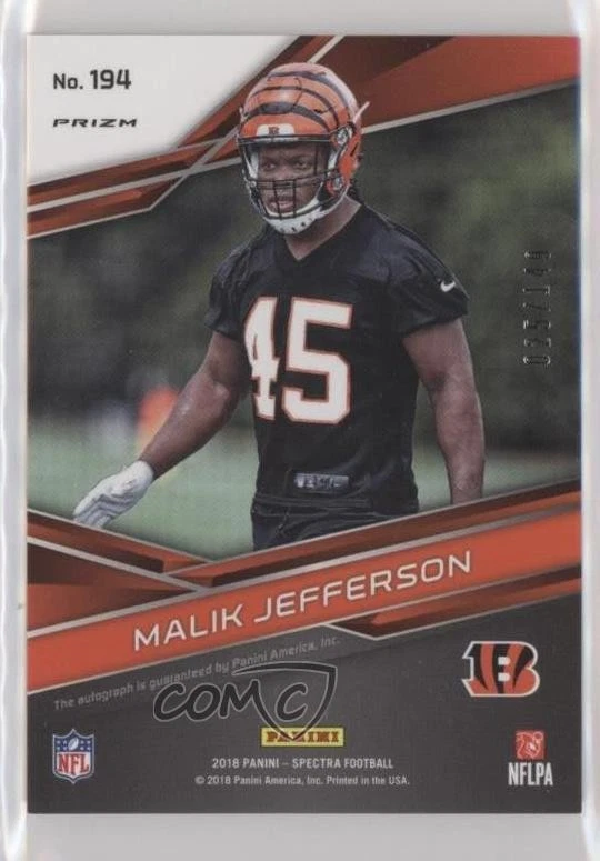 2018 Panini Spectra Neon Blue Prizm /149 Malik Jefferson #194 Rookie Auto RC - Image 2 of 2