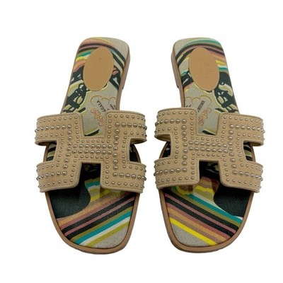 HERMES Suede Canvas Sandals Size US Brown Multicolor