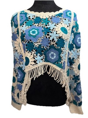 House of Harlow 1960 Crochet Fringe Floral Sweater Boho Festival Crop Blue OS 
