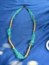 Zad Turquoise Seed Bead Necklace With Golden Ring Accents. Boho Hippie 26”