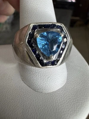 Natural Blue Topaz & Heated Sapphire Sterling Silver Men Ring Sz 12.25 - 13.03g - Image 1 of 4