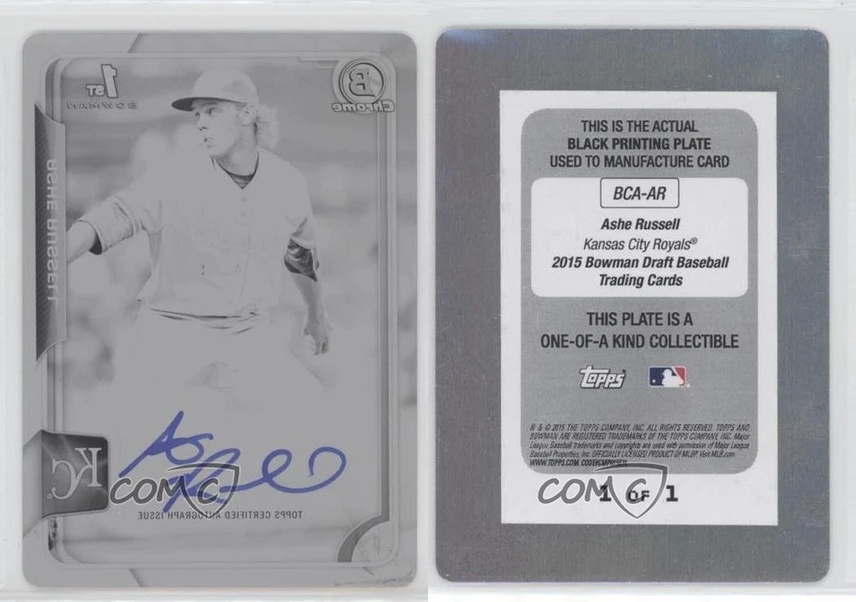 2015 Bowman Draft Chrome Pick Printing Plate Black 1/1 Ashe Russell Auto f0v - Image 3 of 3