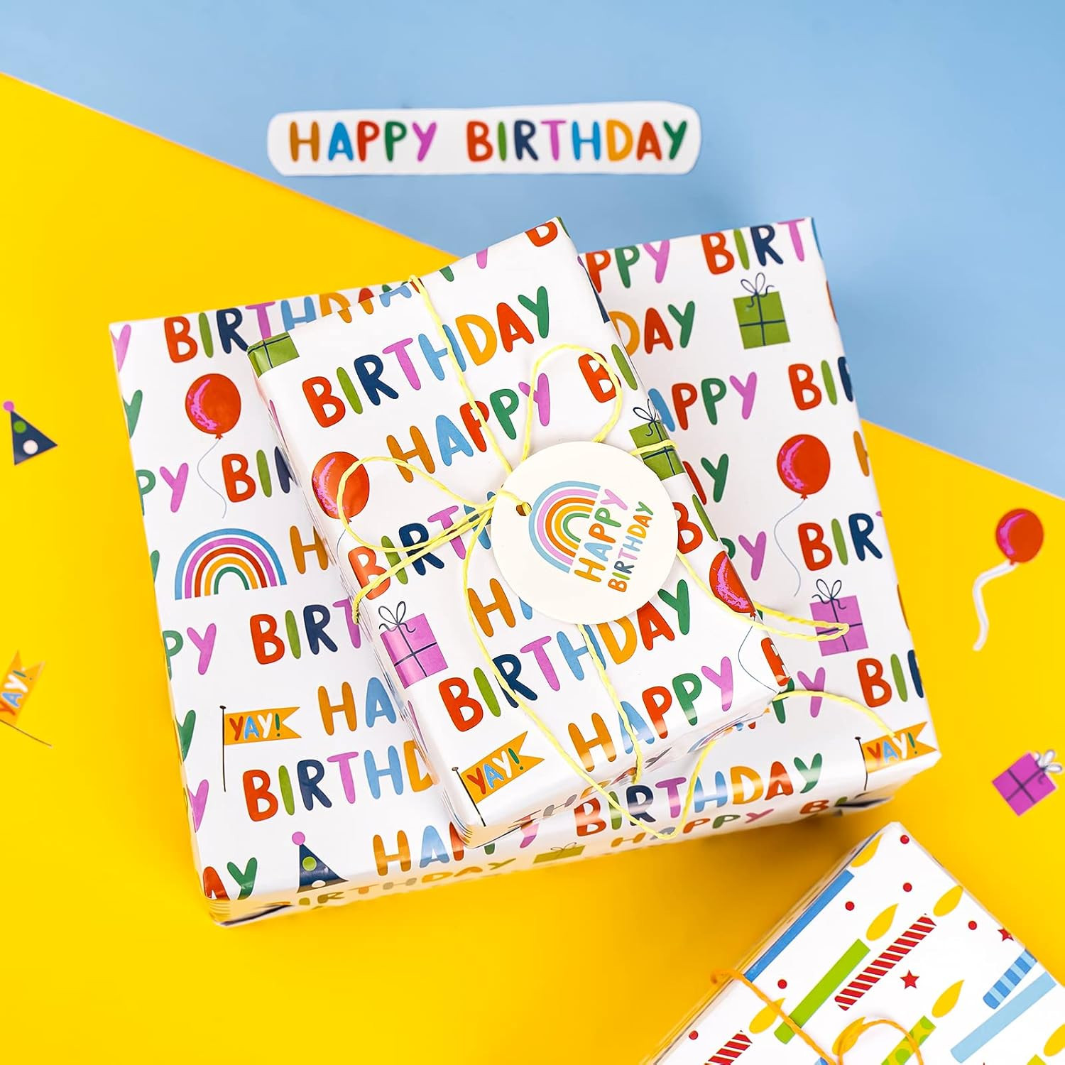 Birthday Wrapping Paper Sheet - 12 Sheets Folded Flat with 12 Gift Tags for Part