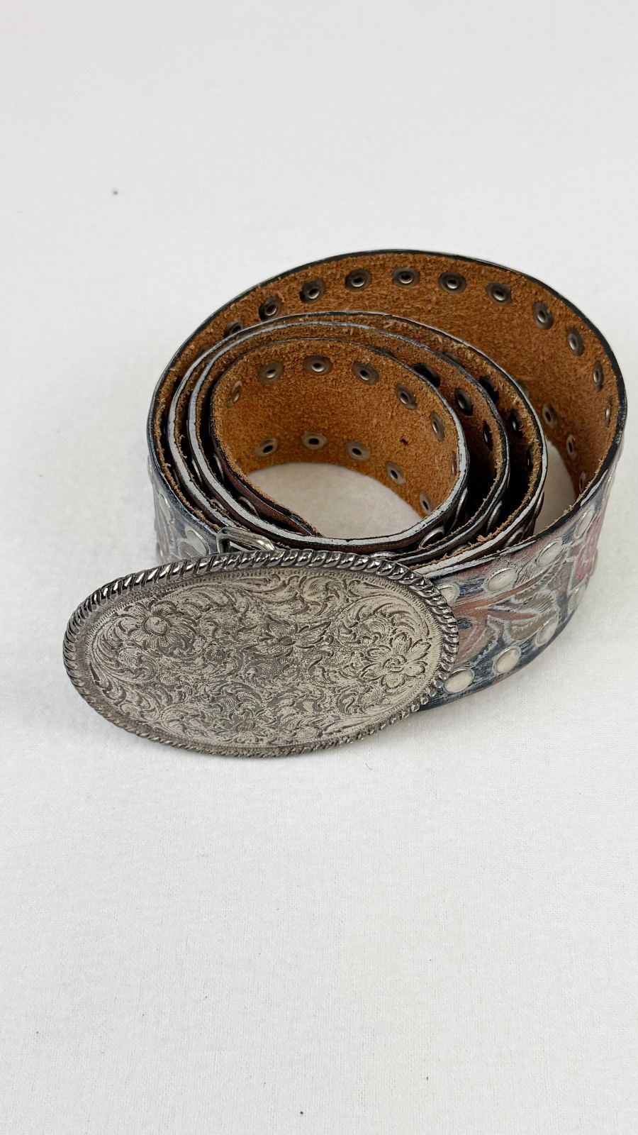 STREETS AHEAD WOMEN'S TOOLED RED ROSES STUDDED LEATHER BELT - 63052 - 44 inch