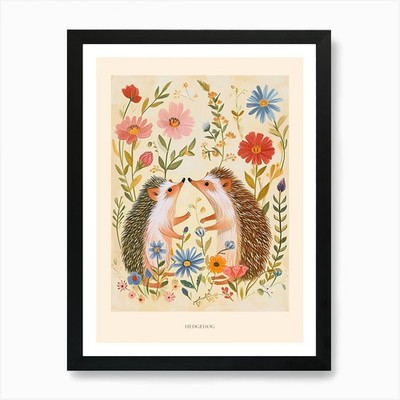 Folksy Floral Tier Zeichnung Igel gerahmtes Wandbild Poster Leinwanddruck Bild