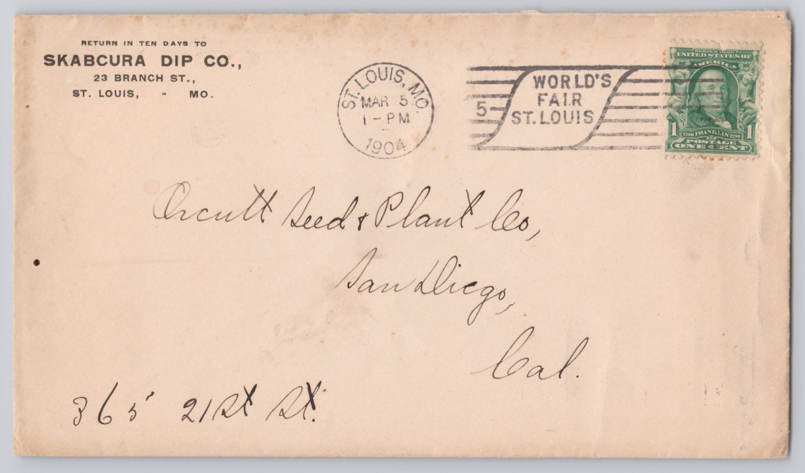 St. Louis, MO World's Fair cancel, Skabcura Dip Co., Un 1904