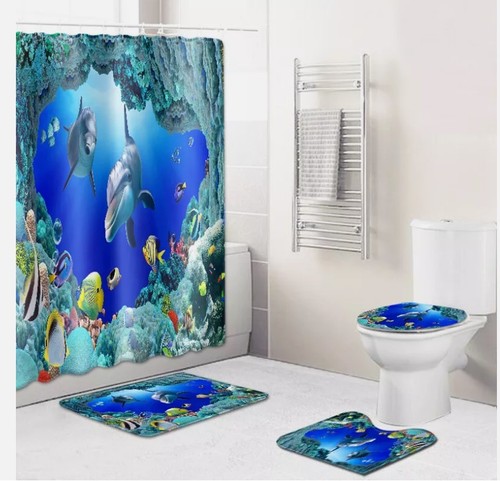 Ocean Shower Curtain Bathroom Rug Set Thick Bath Mat Non-Slip Toilet Cover.