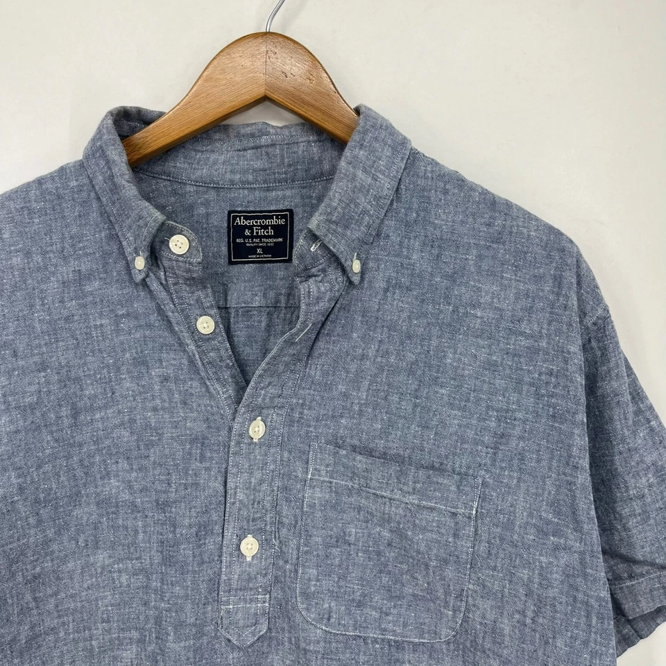 Camisa de manga corta con botones Abercrombie & Fitch para hombre XL azul cambray mezcla de lino Foto 4 de 4