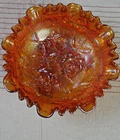 Vtg Imperial Glass Iridescent Orange Rose Pattern  Bowl 8x3.5 3 Foot Ruffle Rim