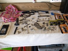BICYCLE PARTS LOT SPOKE WRENCH, TOE STRAPS, PATCH KIT, TUBES, TOOLS & MORE