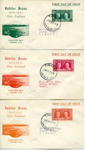 1935 SILVER JUBILEE NEW ZEALAND ILLUS. FDC SET 3 ON 3 TIMARU CDS PMKS V.CLEAN