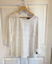 Banana Republic Womens White Lace Medallion Blouse 3/4 Sleeve Crew Neck Large
