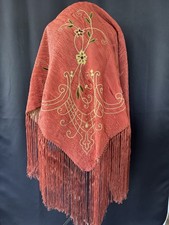 Vtg Piano Shawl Embroidered With Long Fringe