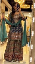 Exclusive Heavy Chinon Silk Teal Green Top Palazzo With Dupatta For Wedding Wear