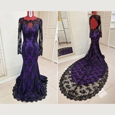 Black and Purple Wedding Dresses Gothic Lace Long Sleeves Backless Bridal Gowns