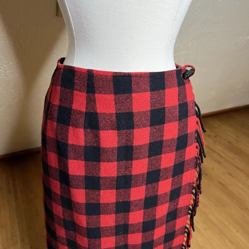 Falda envolvente de lana de colección para mujer 2P roja negra búfalo escoceses tartán flecos vacaciones Foto 3 de 4