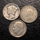 3 silver dimes, Mercury, Roosevelt, CANADA George VI @ current silver spot price