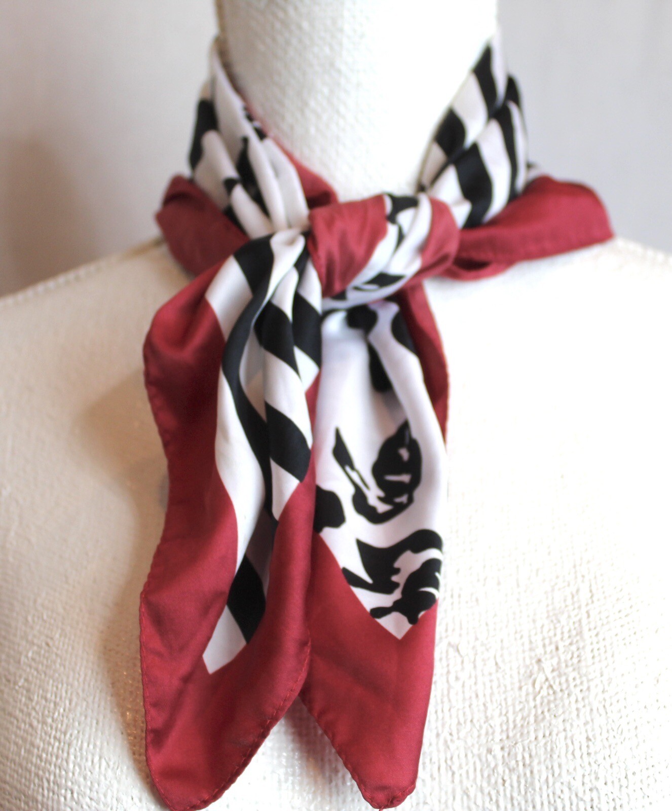 Zara Hand-Rolled Striped Floral Scarf 20x20 Red White Black