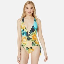 NWT Lucky Brand Strappy V-Neck Swimsuit One Piece Blue Tropical Sunrise S Floral