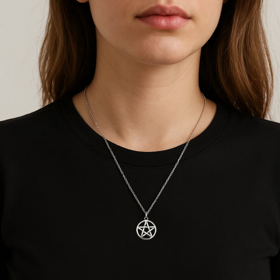 Collana Pentacolo stella wicca Contro Malocchio con ciondolo Argento Uomo Donna - Immagine 4 di 4