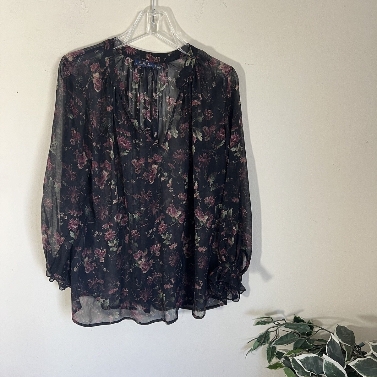 LAUREN RALPH LAUREN◆シアー/SLIM FIT/長袖ブラウス/XS/ポリエステル/BLK/無地 Polo Ralph Lauren XS 100% Silk Sheer Black Floral Blouse Top