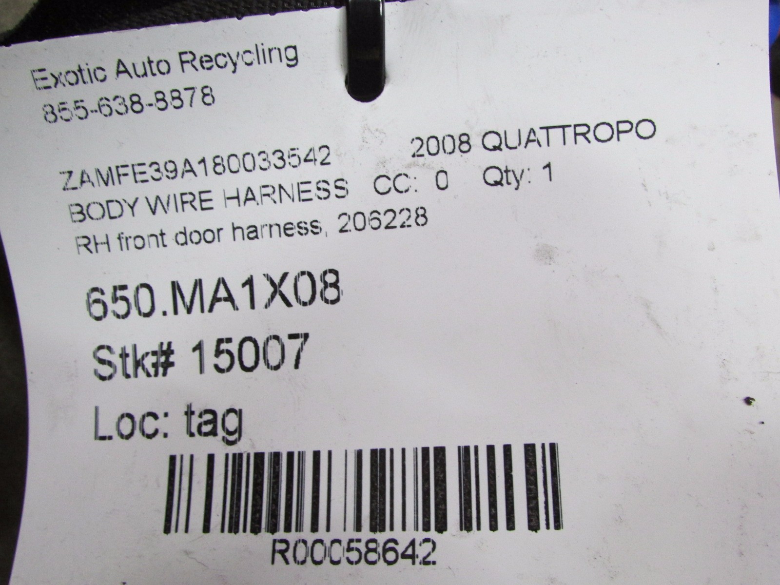 Maserati Quattroporte, RH Front Door Panel Connecting Cables, Wires, P/N 206228