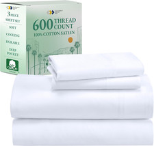 Luxury 100 Cotton Twin Sheet Set - 600 TC Deep Pocket Bright White