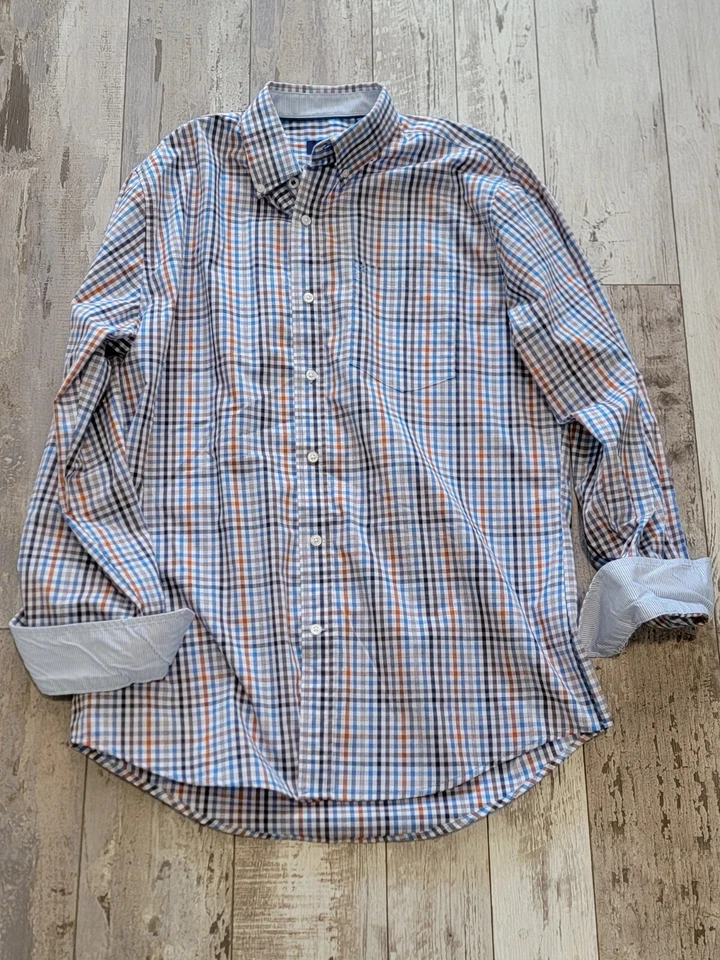 (M) Camisa de vestir IZOD para hombre con botones naranja y azul mezcla de algodón talla mediana Foto 2 de 4